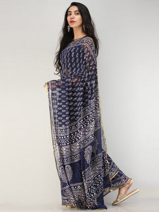 Navy OffWhite Hand Block Printed Chiffon Saree with Zari Border - S031704553