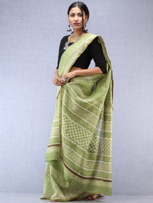 Light Green Ivory Maheshwari Silk Hand Block Printed Saree With Zari Border - S031704479