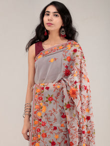 Grey Aari Embroidered Georgette Saree From Kashmir  - S031704623