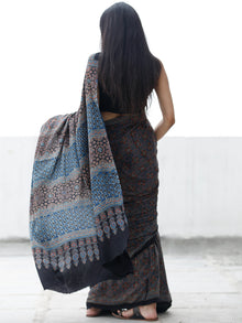 Indigo Black Maroon Ivory Ajrakh Hand Block Printed Modal Silk Saree in Natural Colors - S031703694