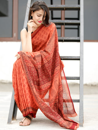 Coral Maroon Black Bagh Hand Block Printed Cotton Saree - S031703817