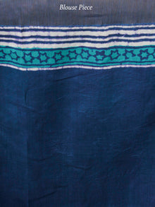 Indigo Green White Chanderi Silk Hand Block Printed Saree With Geecha Border - S031703981