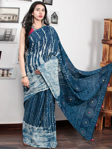 Indigo Ivory Hand Block Printed & Hand Painted Cotton Mul Saree With Kantha Mirror & Hand Made Potli Tassels  - S031703015
