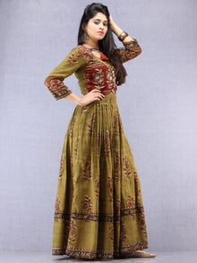 Naaz Maham - Hand Block Printed & Embroidered Long Cotton Box Pleated Dress With Tassels - DS95F001