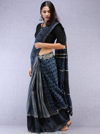 Indigo Ivory Hand Block Printed Chanderi Saree With Geecha Border - S031704504