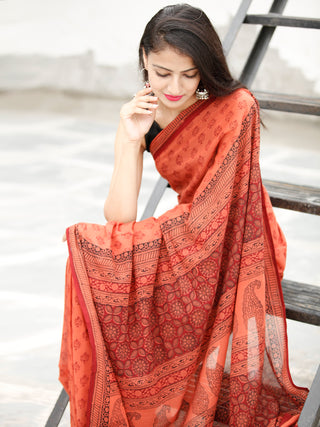 Coral Maroon Black Bagh Hand Block Printed Cotton Saree - S031703817