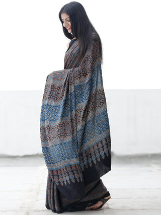 Indigo Black Maroon Ivory Ajrakh Hand Block Printed Modal Silk Saree in Natural Colors - S031703694