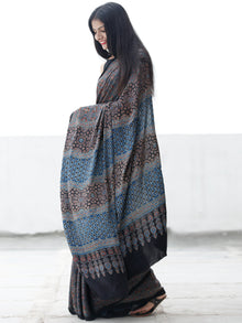 Indigo Black Maroon Ivory Ajrakh Hand Block Printed Modal Silk Saree in Natural Colors - S031703694