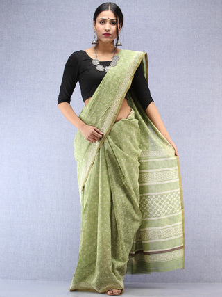 Light Green Ivory Maheshwari Silk Hand Block Printed Saree With Zari Border - S031704479