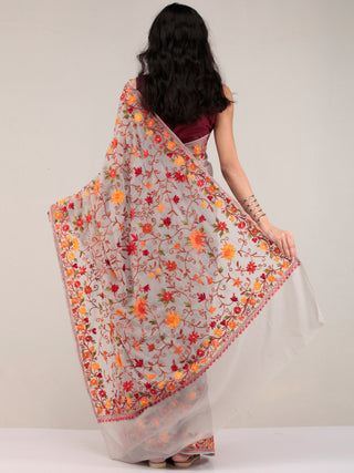 Grey Aari Embroidered Georgette Saree From Kashmir  - S031704623