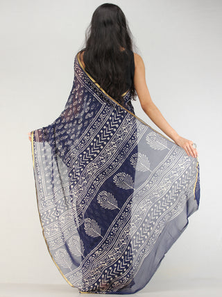Navy OffWhite Hand Block Printed Chiffon Saree with Zari Border - S031704553