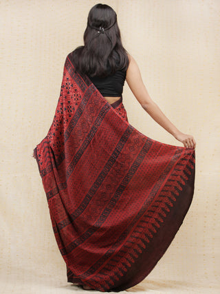 Crimson Red Black Ajrakh Hand Block Printed Modal Silk Saree - S031704150