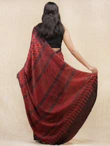 Crimson Red Black Ajrakh Hand Block Printed Modal Silk Saree - S031704150
