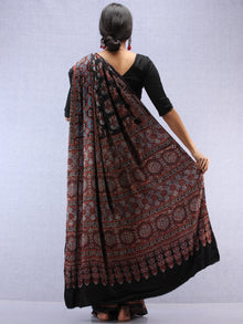 Red Black Indigo Ajrakh Hand Block Printed Modal Silk Saree - S031704444