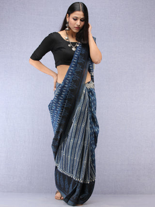 Indigo Ivory Hand Block Printed Chanderi Saree With Geecha Border - S031704504