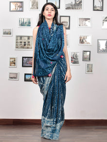 Indigo Ivory Hand Block Printed & Hand Painted Cotton Mul Saree With Kantha Mirror & Hand Made Potli Tassels  - S031703015