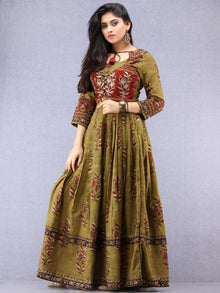 Naaz Maham - Hand Block Printed & Embroidered Long Cotton Box Pleated Dress With Tassels - DS95F001