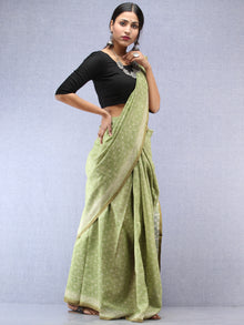 Light Green Ivory Maheshwari Silk Hand Block Printed Saree With Zari Border - S031704479