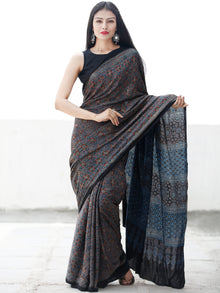Indigo Black Maroon Ivory Ajrakh Hand Block Printed Modal Silk Saree in Natural Colors - S031703694