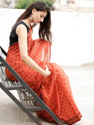 Coral Maroon Black Bagh Hand Block Printed Cotton Saree - S031703817