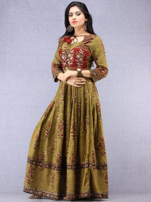 Naaz Maham - Hand Block Printed & Embroidered Long Cotton Box Pleated Dress With Tassels - DS95F001