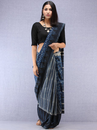 Indigo Ivory Hand Block Printed Chanderi Saree With Geecha Border - S031704504