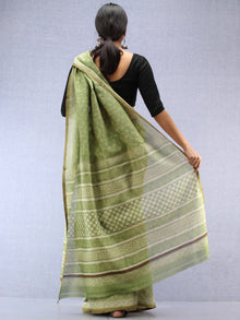 Light Green Ivory Maheshwari Silk Hand Block Printed Saree With Zari Border - S031704479