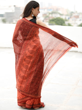 Coral Maroon Black Bagh Hand Block Printed Cotton Saree - S031703817