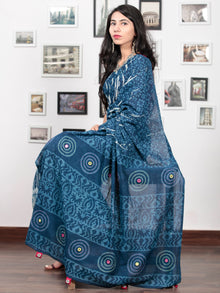 Indigo Ivory Hand Block Printed & Hand Painted Cotton Mul Saree With Kantha Mirror & Hand Made Potli Tassels  - S031703015