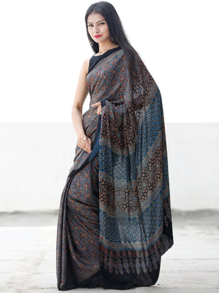 Indigo Black Maroon Ivory Ajrakh Hand Block Printed Modal Silk Saree in Natural Colors - S031703694