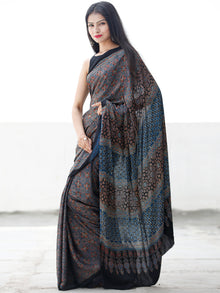 Indigo Black Maroon Ivory Ajrakh Hand Block Printed Modal Silk Saree in Natural Colors - S031703694