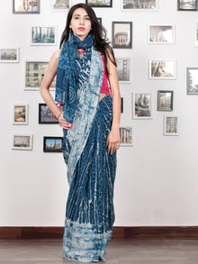 Indigo Ivory Hand Block Printed & Hand Painted Cotton Mul Saree With Kantha Mirror & Hand Made Potli Tassels  - S031703015