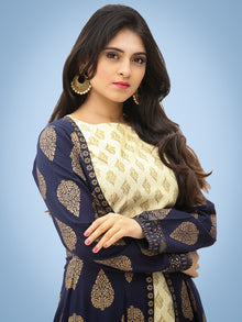 Nazakat - Indigo Gold Printed Long Cape Kurta Dress With Tunic - D377F2001
