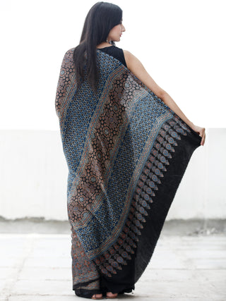 Indigo Black Maroon Ivory Ajrakh Hand Block Printed Modal Silk Saree in Natural Colors - S031703694