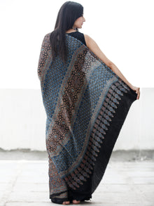 Indigo Black Maroon Ivory Ajrakh Hand Block Printed Modal Silk Saree in Natural Colors - S031703694