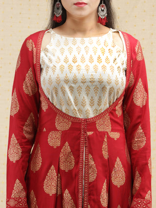 Nazakat - Red Gold Printed Long Cape Dress With Tunic - D377FXXx