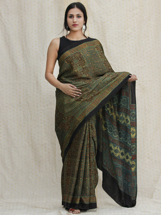 Green Black Red Ajrakh Hand Block Printed Modal Silk Saree - S031704131