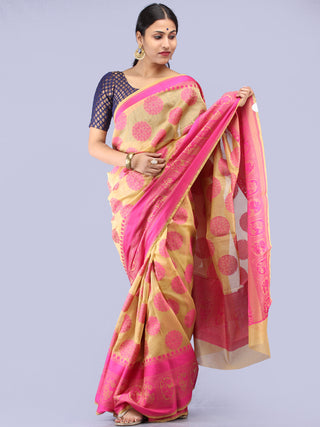 Banarasee Chanderi Saree With Resham Border & Butta - Beige & Pink - S031704306