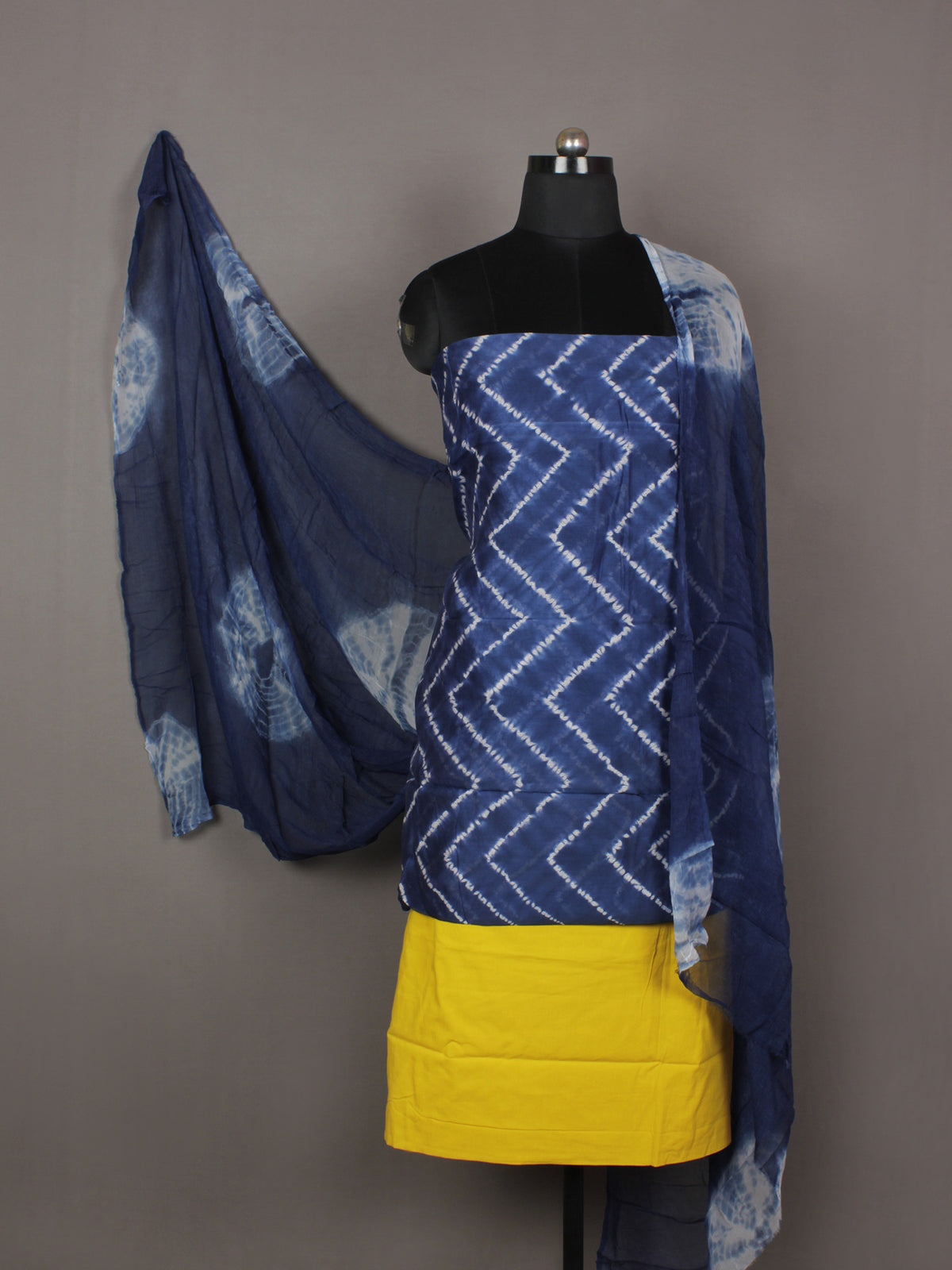 Indigo Ivory Yellow Hand Shibori Dyed Chanderi Kurta & Chiffon Dupatta With Cotton Salwar Fabric Set of 3- S1628206
