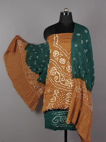 Peanut Brown Green White Hand Tie & Dye Bandhej Suit Salwar Dupatta (Set of 3)  - S16281257