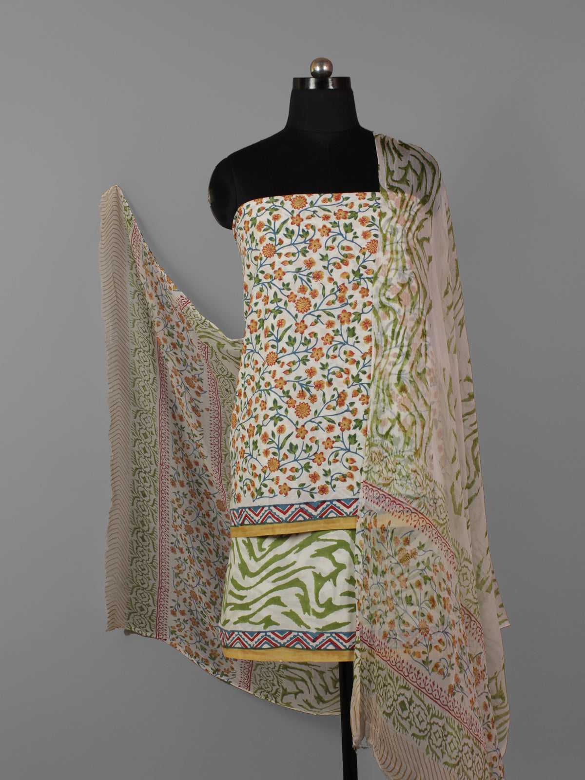 Ivory Orange Green Hand Block Printed Cotton Suit-Salwar Fabric With Chiffon Dupatta (Set of 3) - S16281295