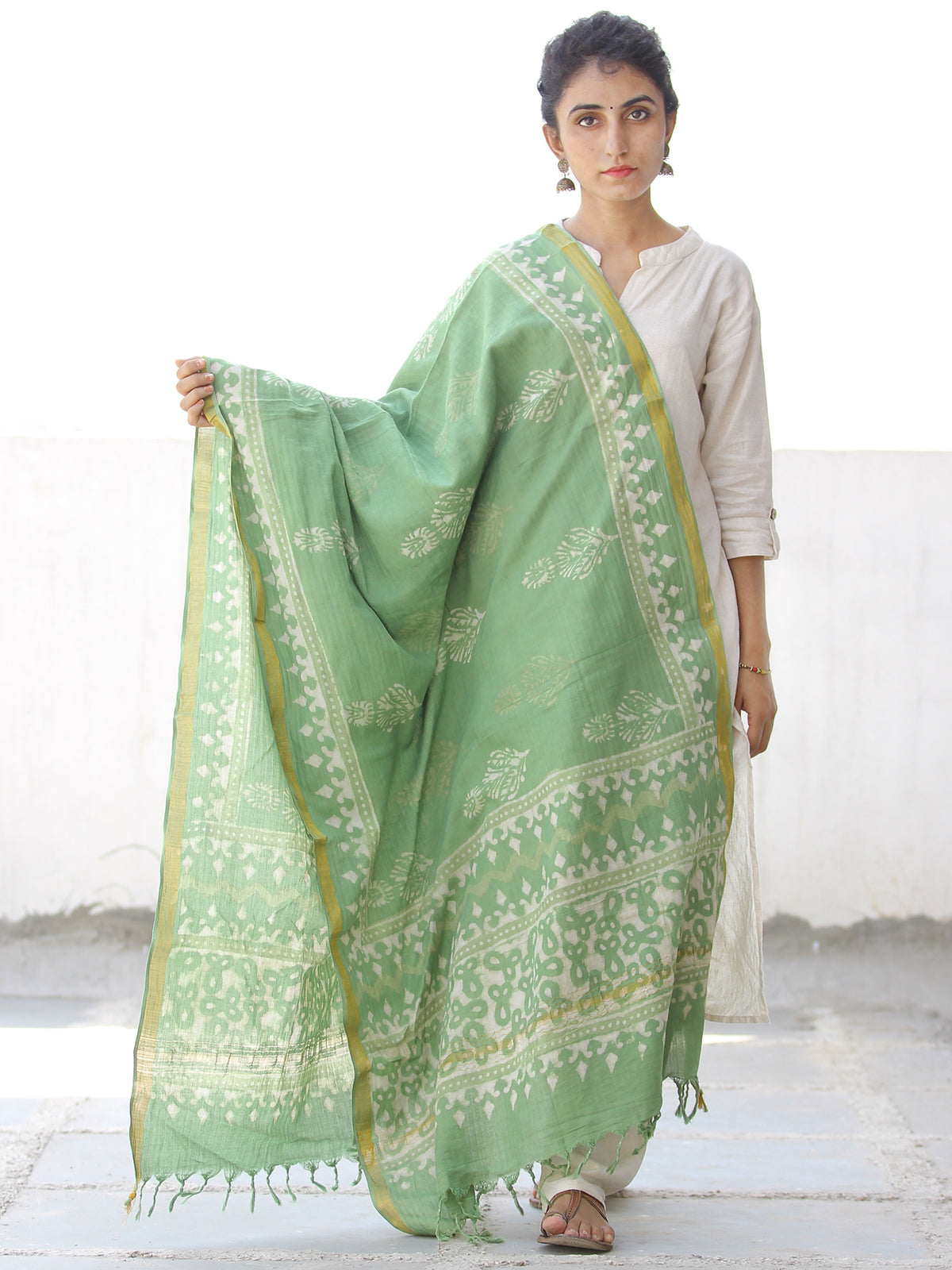 Green Ivory Chanderi Hand Block Printed Dupatta - D04170553