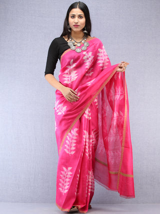 Magenta Pink Ivory Chanderi Hand Block Printed Saree With Geecha Border - S031704497
