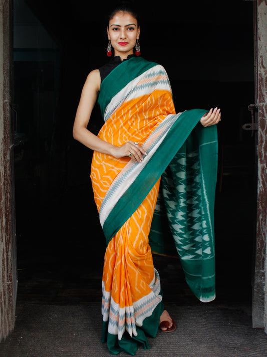 Orange Green White Ikat Handwoven Mercerised Cotton Saree - S031703627