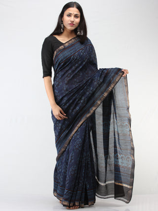 Indigo Plum Hand Block Printed Chanderi Saree With Zari Border - S031704471