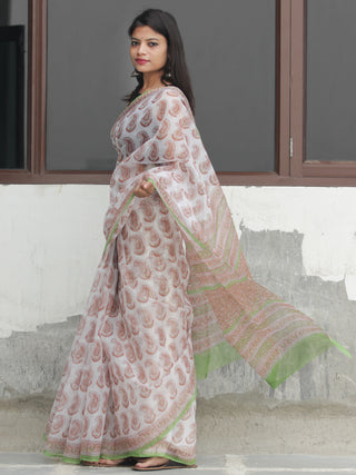 White Light Brown Hand Block Printed Kota Doria Saree  - S031704089