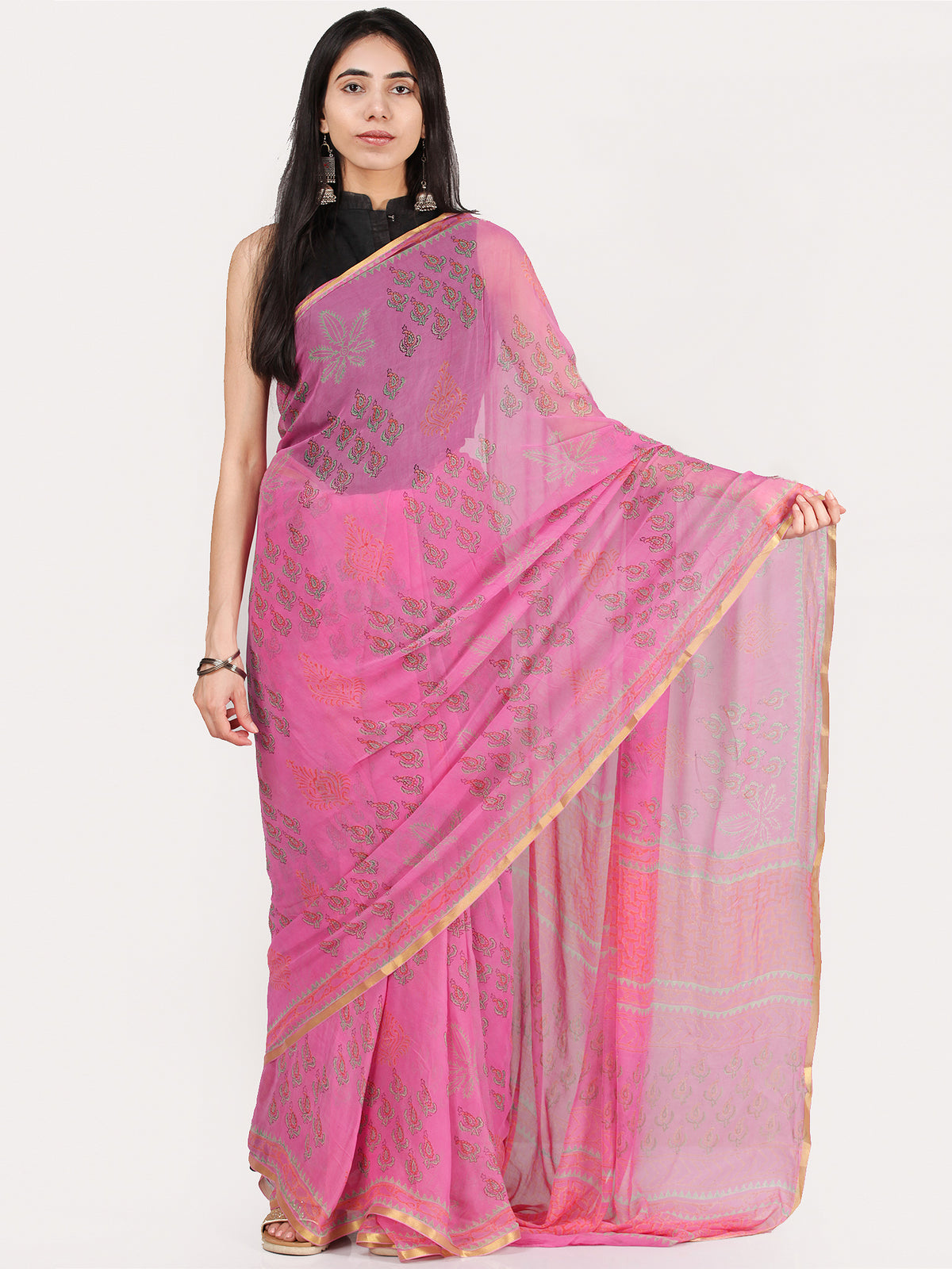 Pink Green Hand Block Printed Chiffon Saree With Zari Border - S031704700