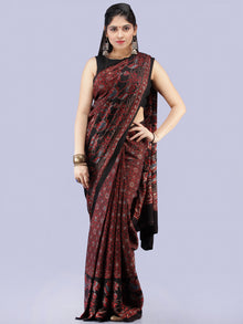 Maroon Black Blue Ajrakh Hand Block Printed Modal Silk Saree - S031704258
