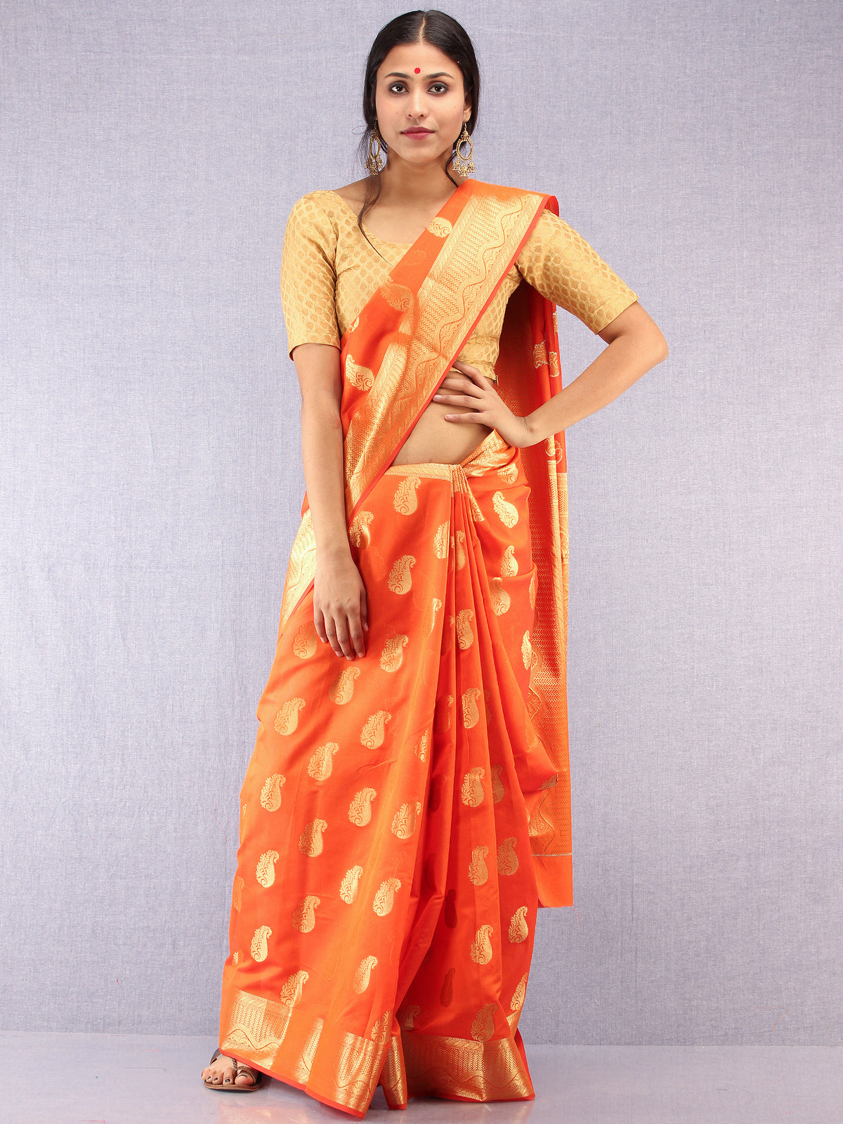 Banarasee Semi Silk Saree With Zari Work - Orange & Gold  - S031704371