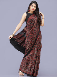 Black Maroon Indigo Ajrakh Hand Block Printed Modal Silk Saree - S031704188